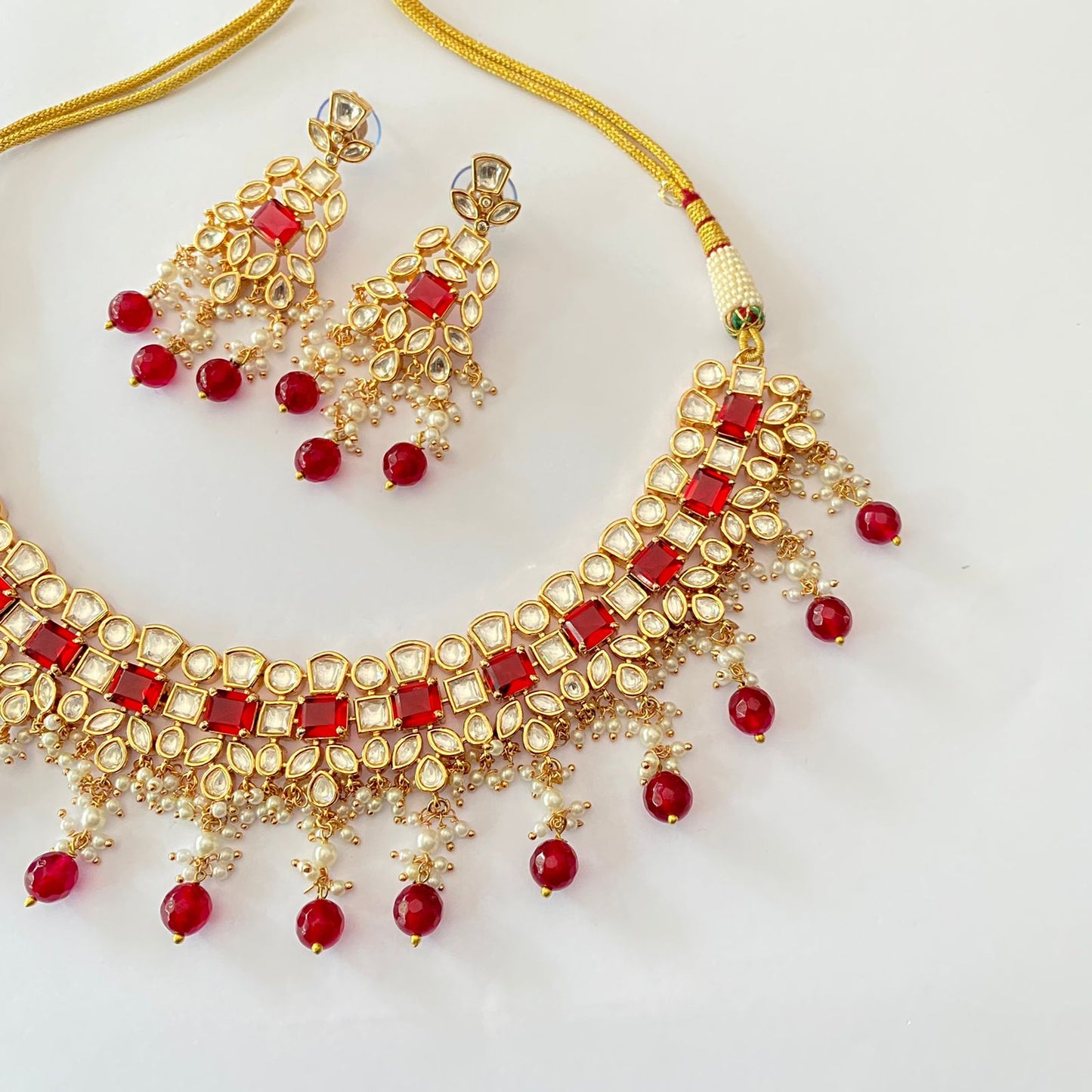 Gold Plated Kundan Ruby Pearl Heavy Necklace Set