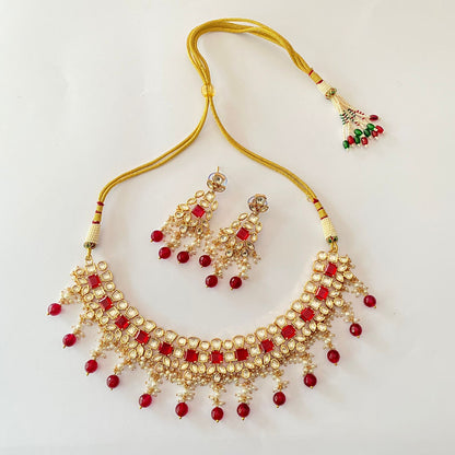 Gold Plated Kundan Ruby Pearl Heavy Necklace Set