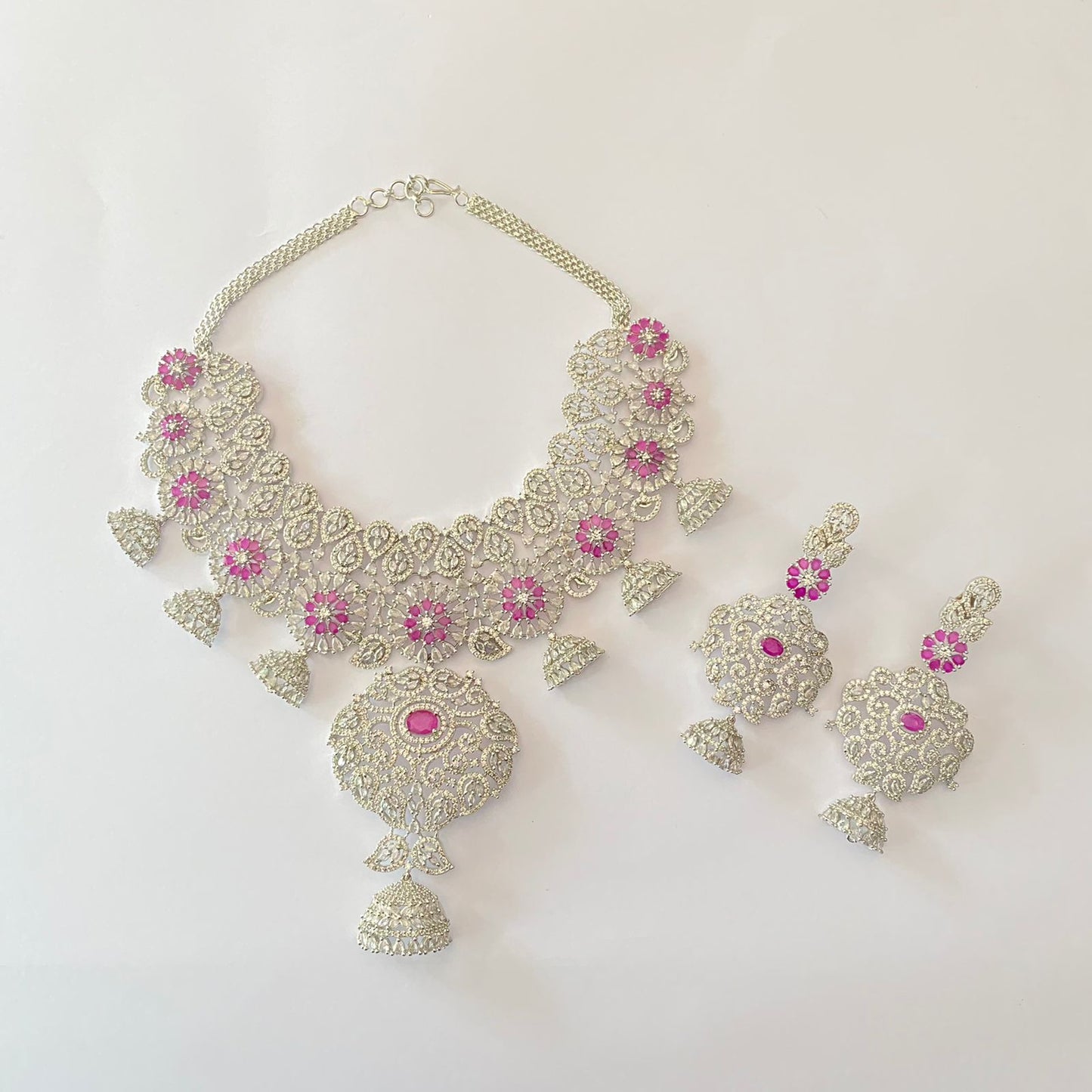 Silver Plated Pink Diamond Heavy Necklace Set