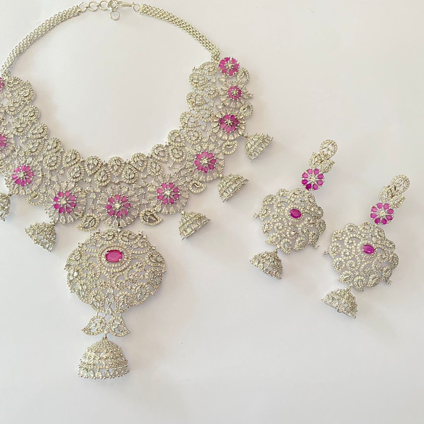 Silver Plated Pink Diamond Heavy Necklace Set