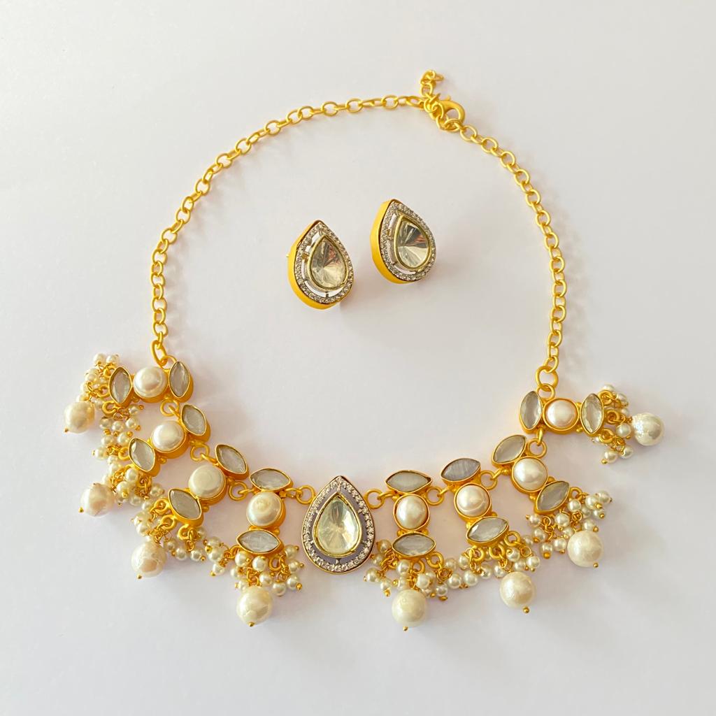 Polki Pearl Gold Plated Necklace Set