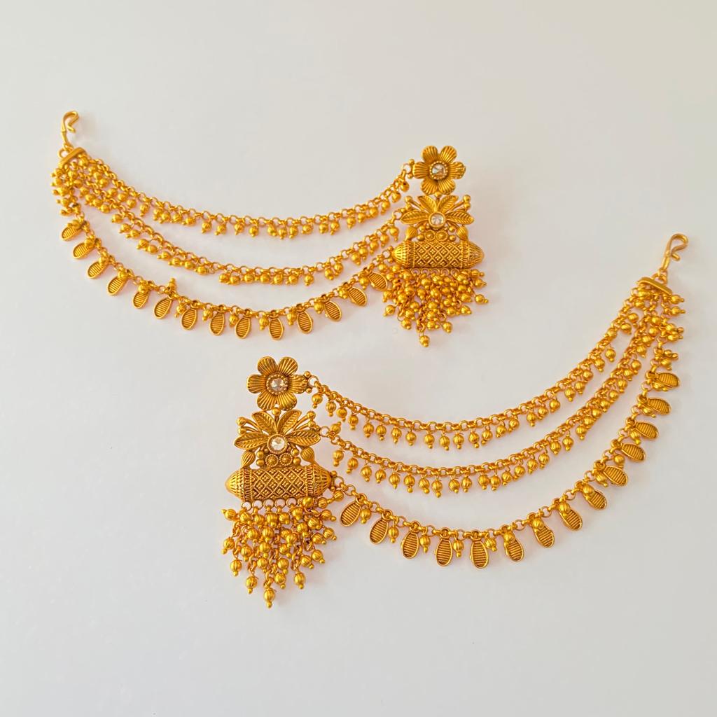 Gold Plated Multi Layer Ear Chain Temple Earring