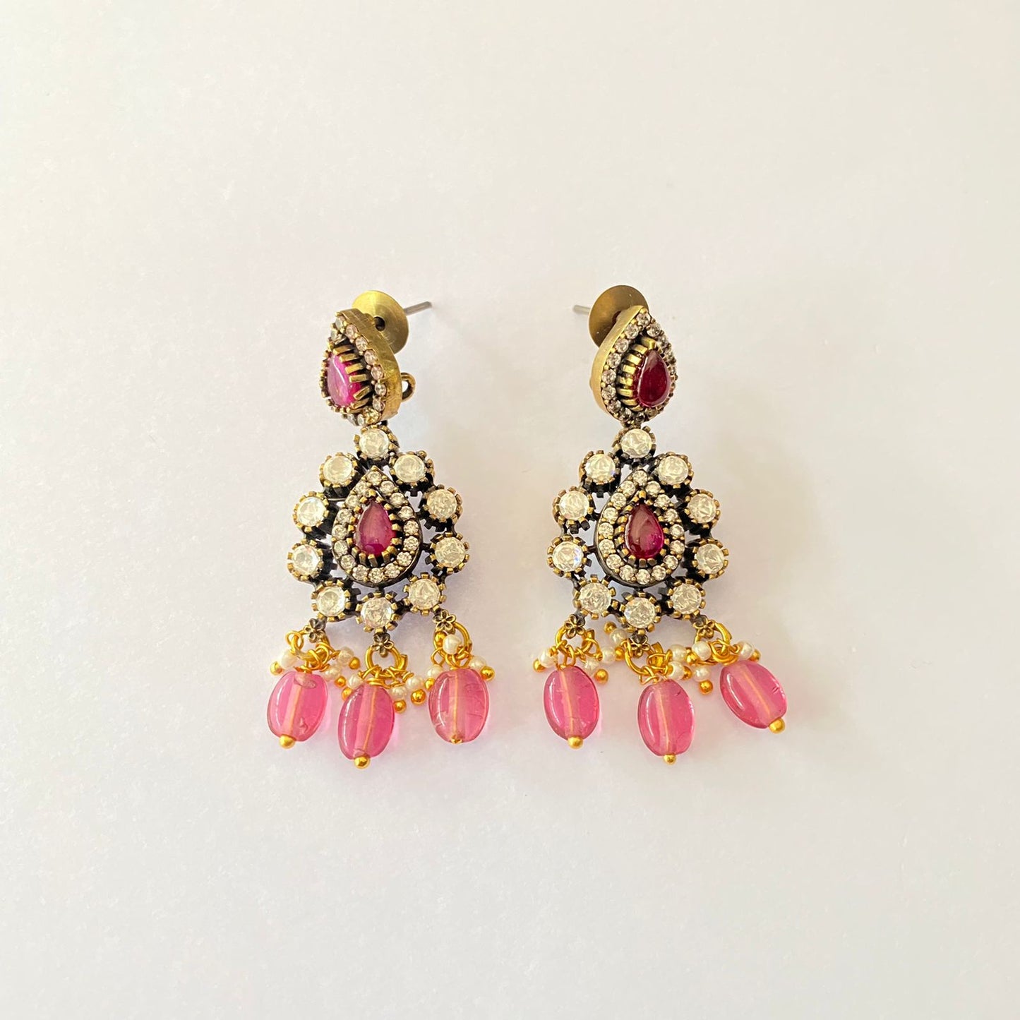 Oxidised  Diamond Pink Stone Earring