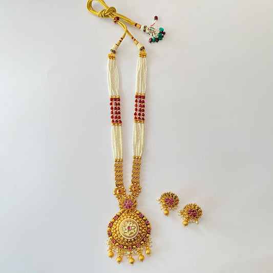 Ruby Pearl String Gold Plated Long Necklace Set.