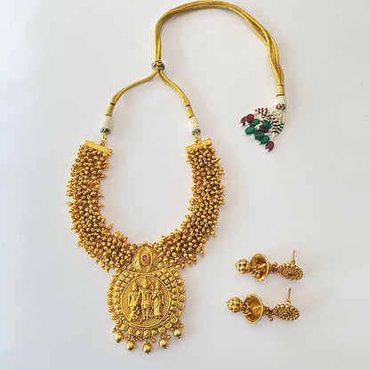 Gold Plated Goddess Temple Pink Stone Necklace With Jhumka Set