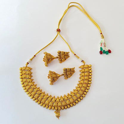 Gold Plated Temple Necklace With Jhumka Set