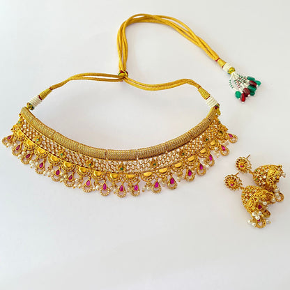 Emerald $ Ruby Diamond Gold Plated Choker Necklace Set