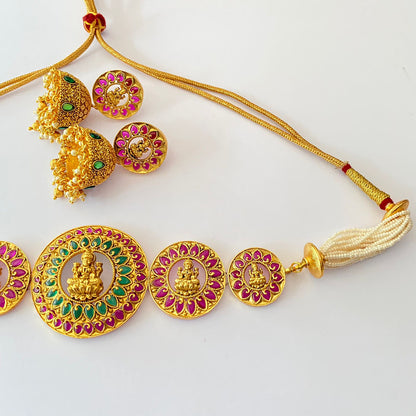 Goddess Lakshmi Gold Plated Choker Necklace Set