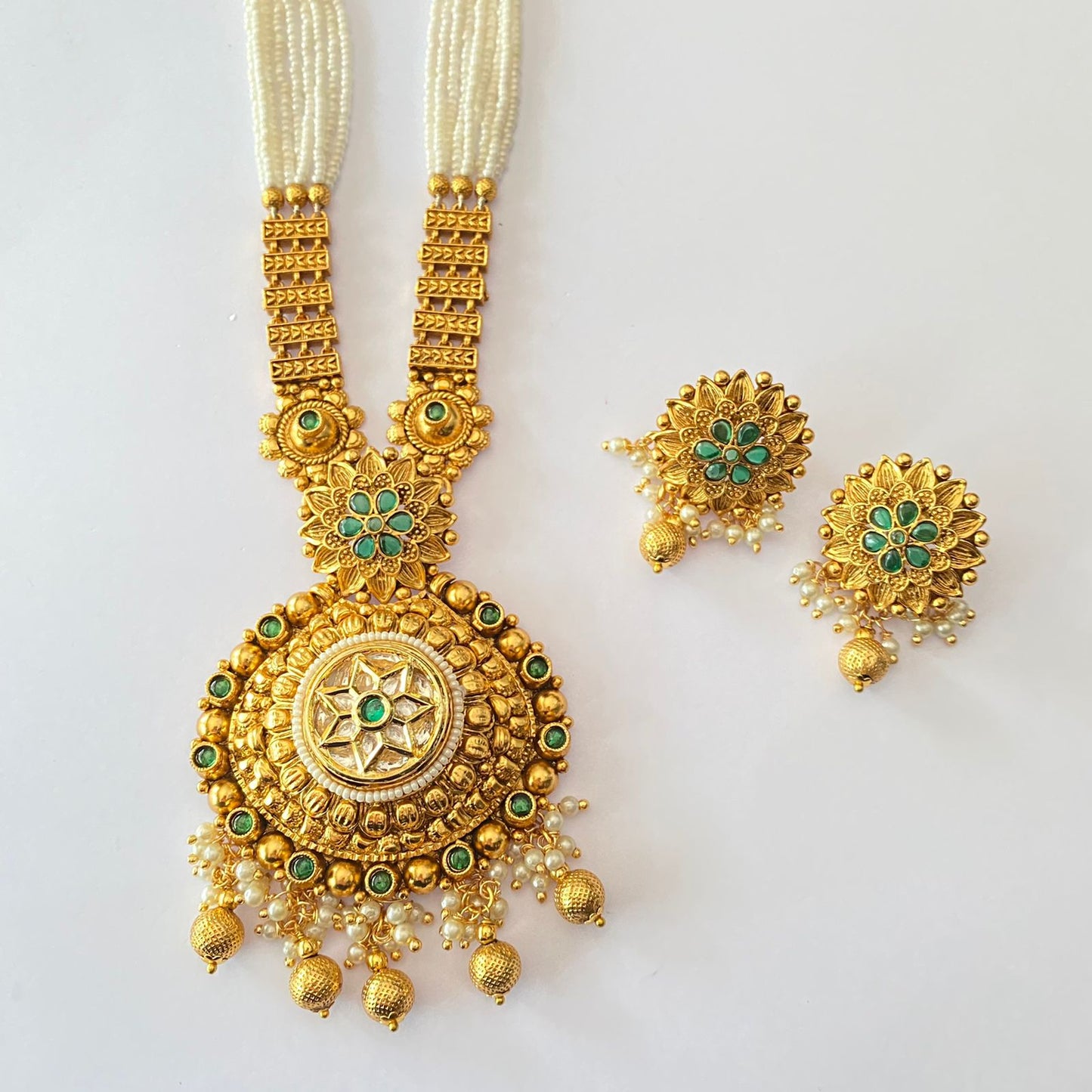 Emerald Gold Plated Pearl Long Necklace Set