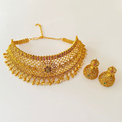 Gold Plated Emerald $ Ruby Diamond Temple Choker Necklace Set