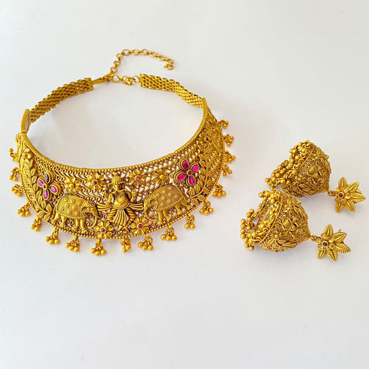 Gold Plated Ruby Dtone Ganpati Ganesh Choker Necklace Set