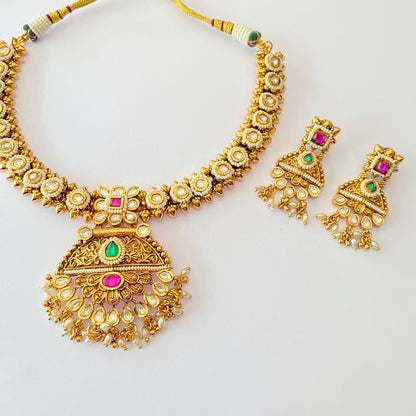 Kundan Gold Plated Pink $ Emerald Necklace Set