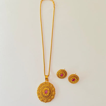 Gold Plated Pink Stone Temple Pendant