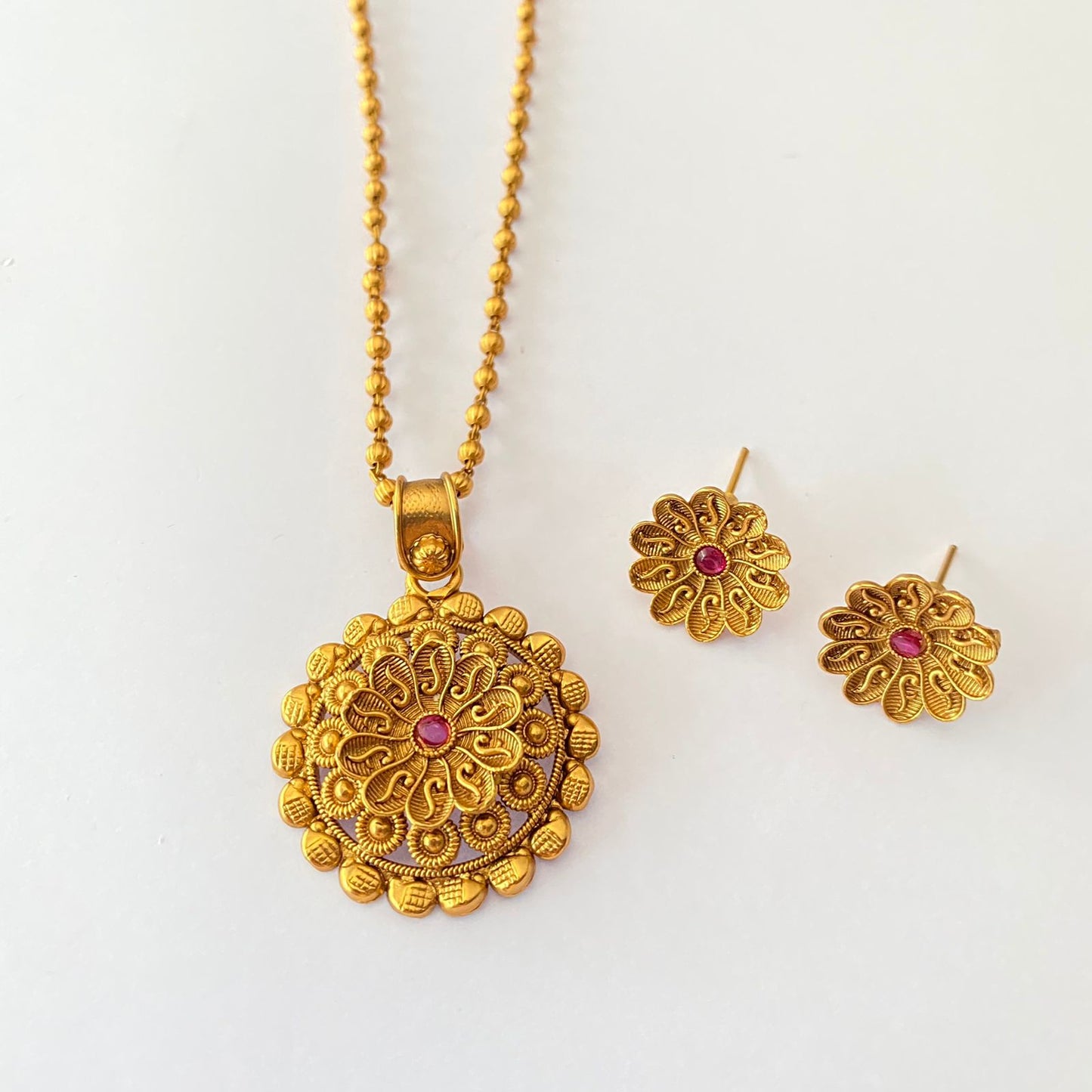 Pink Stone Gold Plated Temple Pendant Set
