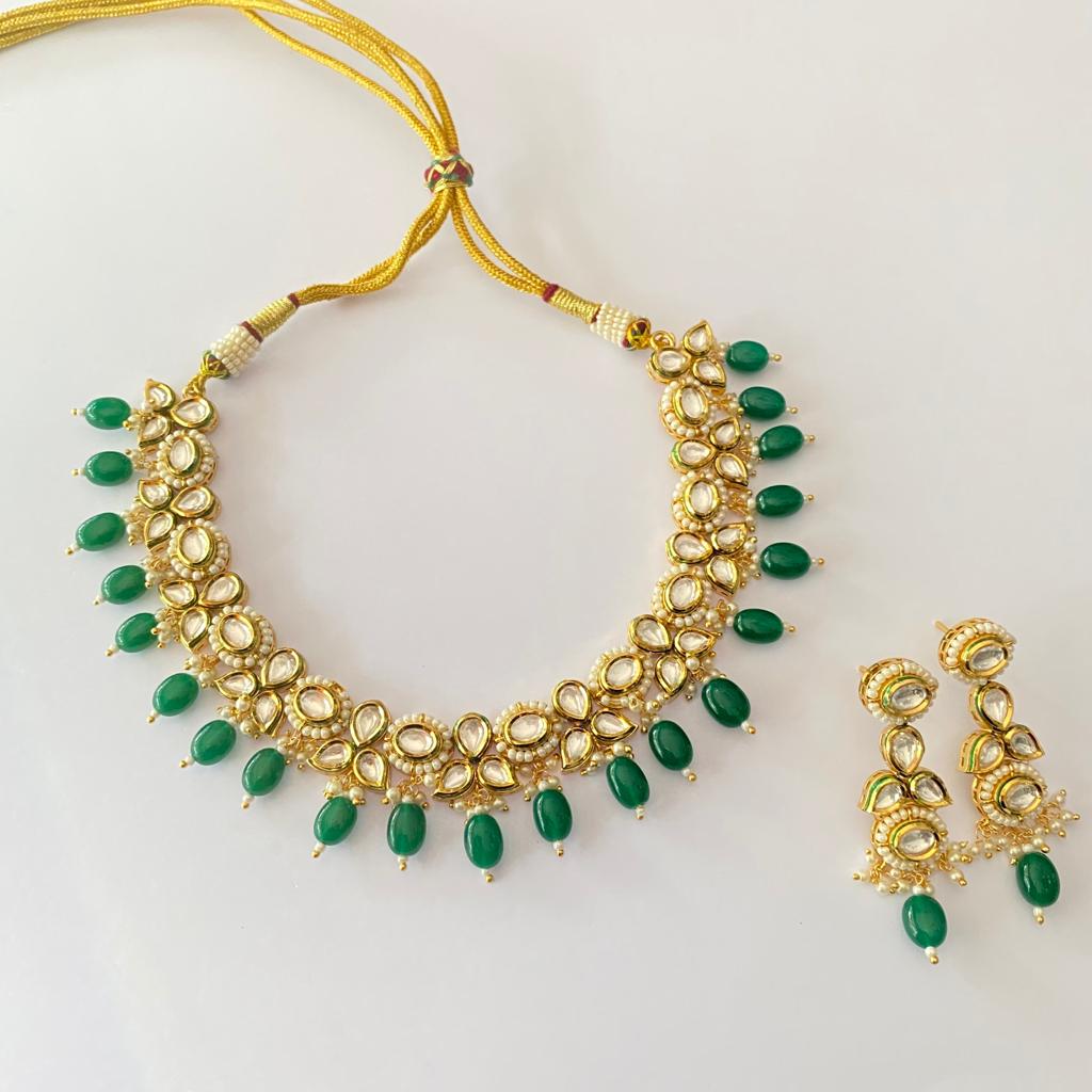 Polki Gold Plated with Emerald drop Necklace Set