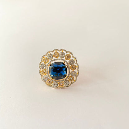 Blue Diamond With Gold Work Big Ring For Party Wear.