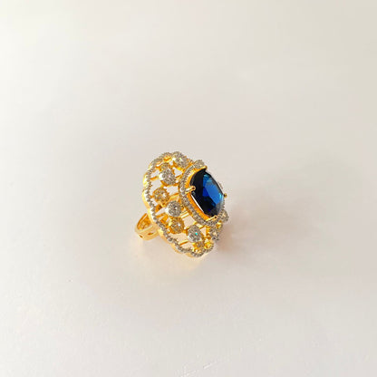 Blue Diamond With Gold Work Big Ring For Party Wear.