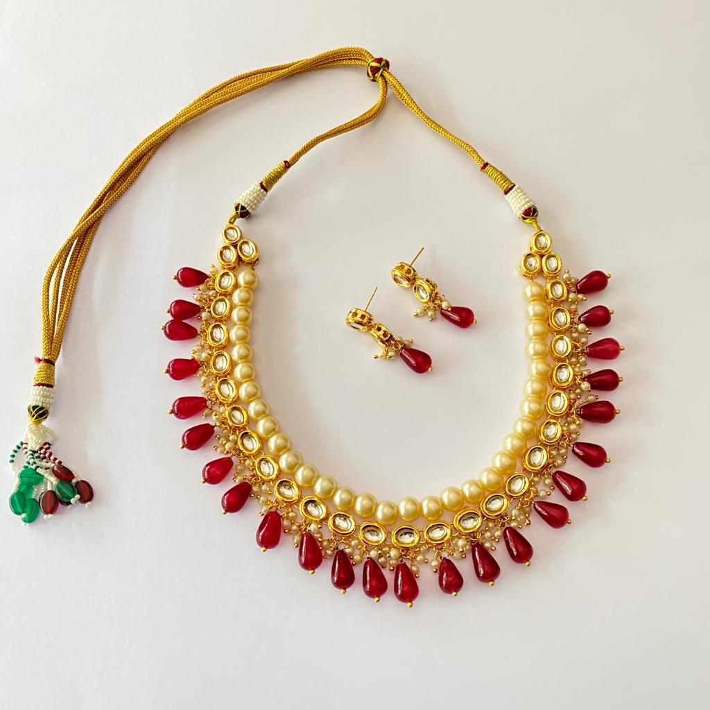 Polki Off white pearl with Ruby Drop Necklace Set