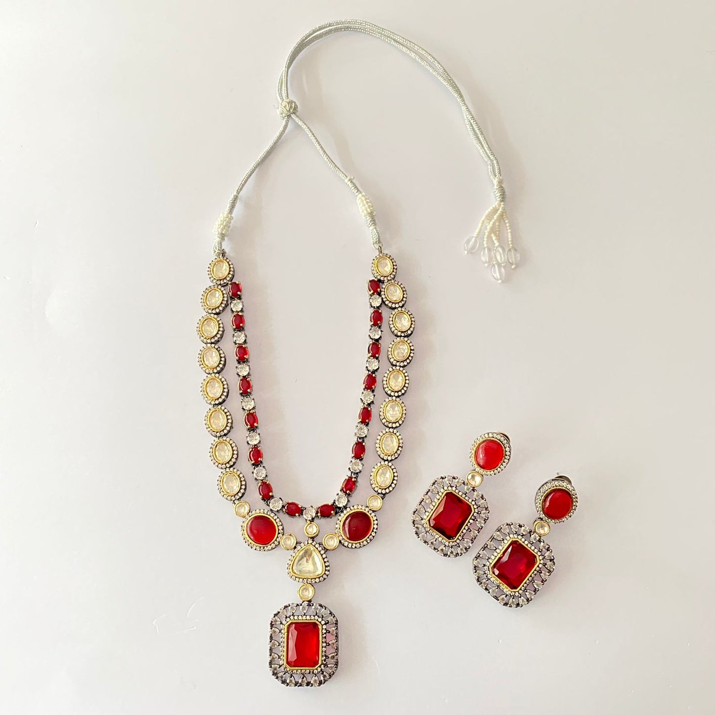 Kundan Diamond Red Necklace Set