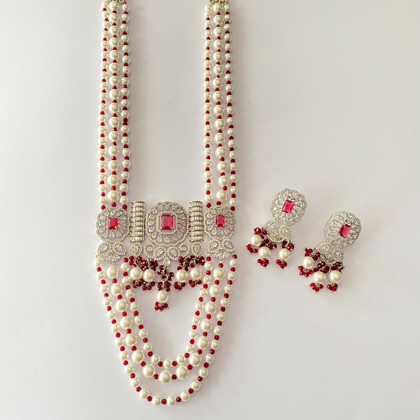 White Pearl Diamond Ruby Long Necklace Set