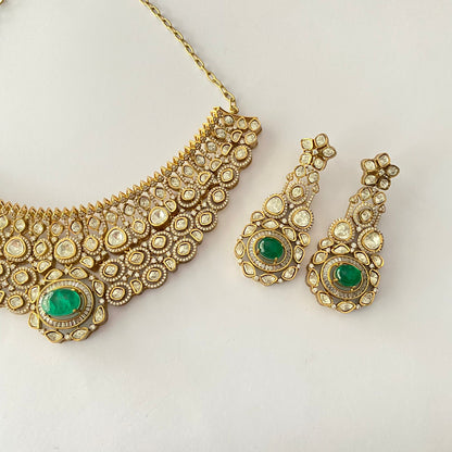 Gold Plated Diamond Emerald Stone Necklace Set