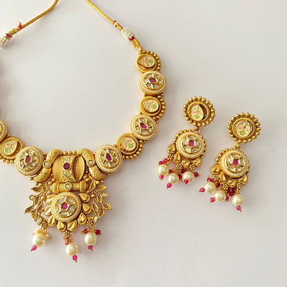 Gold Plated Temple Pearl Ruby Necklace Set