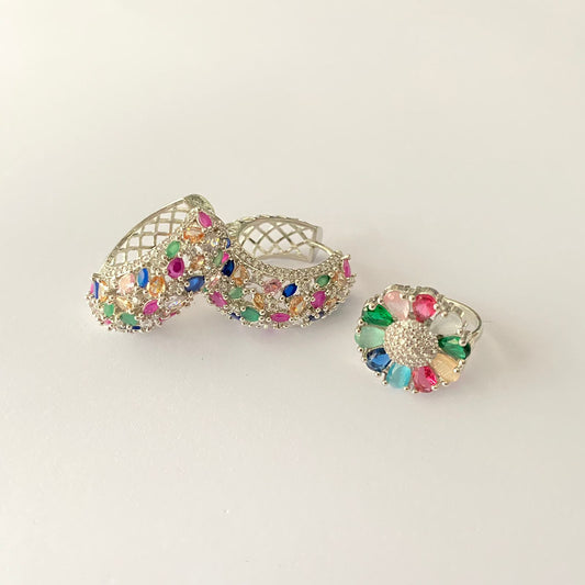 Silver Plated Multi Color Earrings and Ring Combo Set