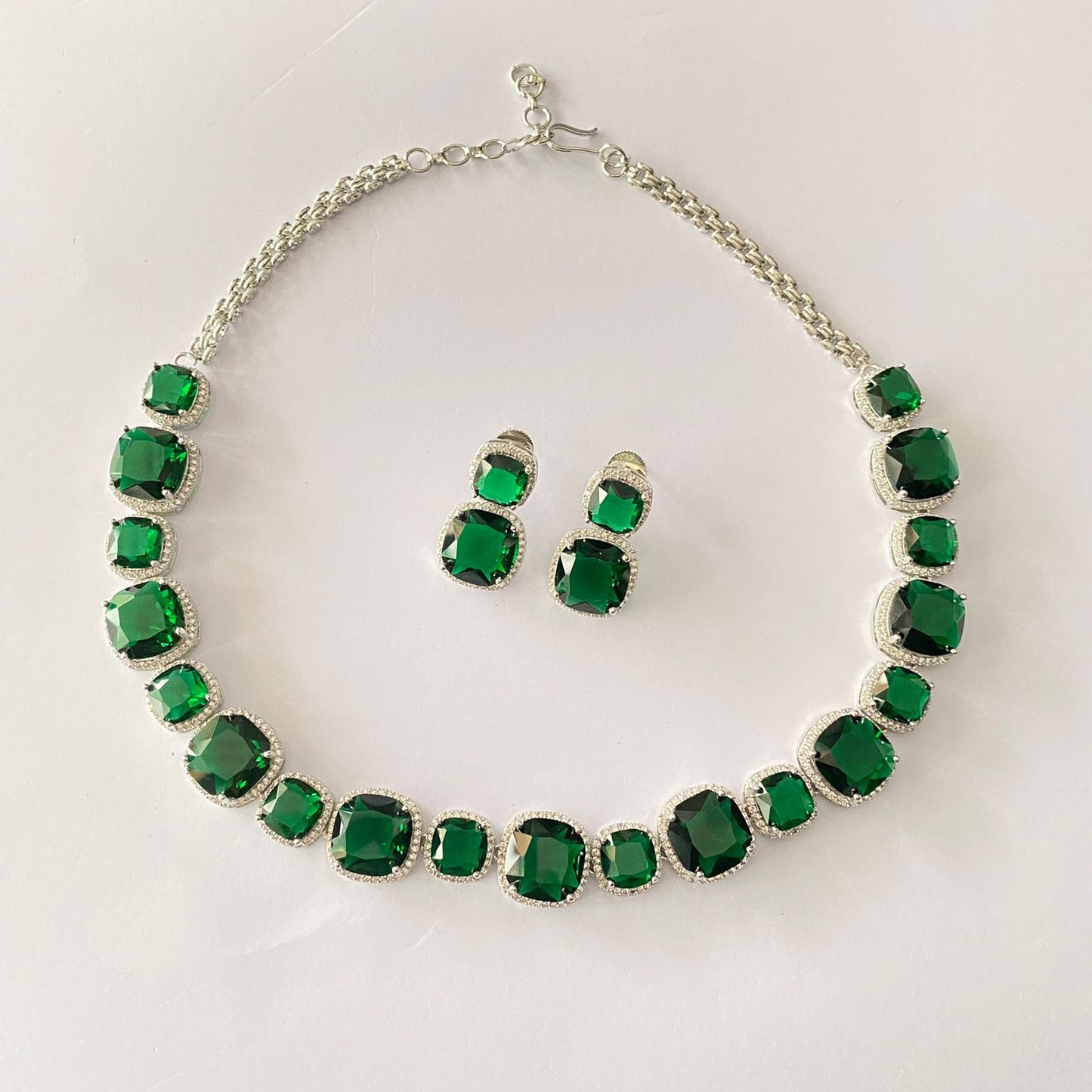 Emerald Diamond Silver Plated Necklace