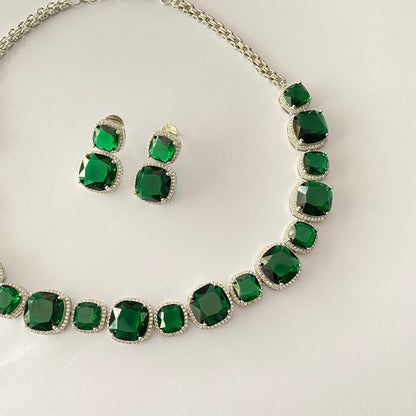 Emerald Diamond Silver Plated Necklace