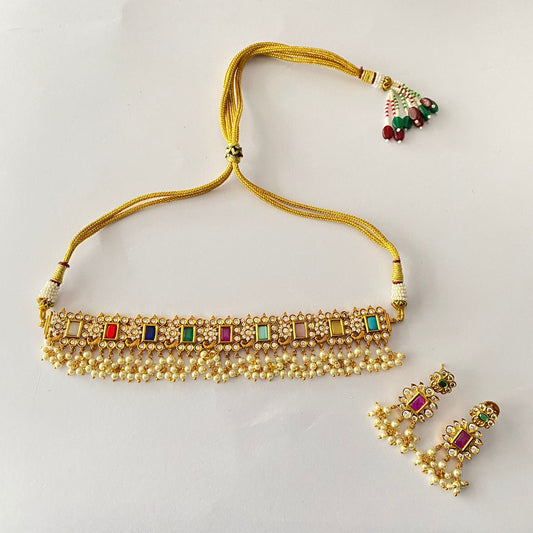 Gold Plated Navratan Choker Necklace Set