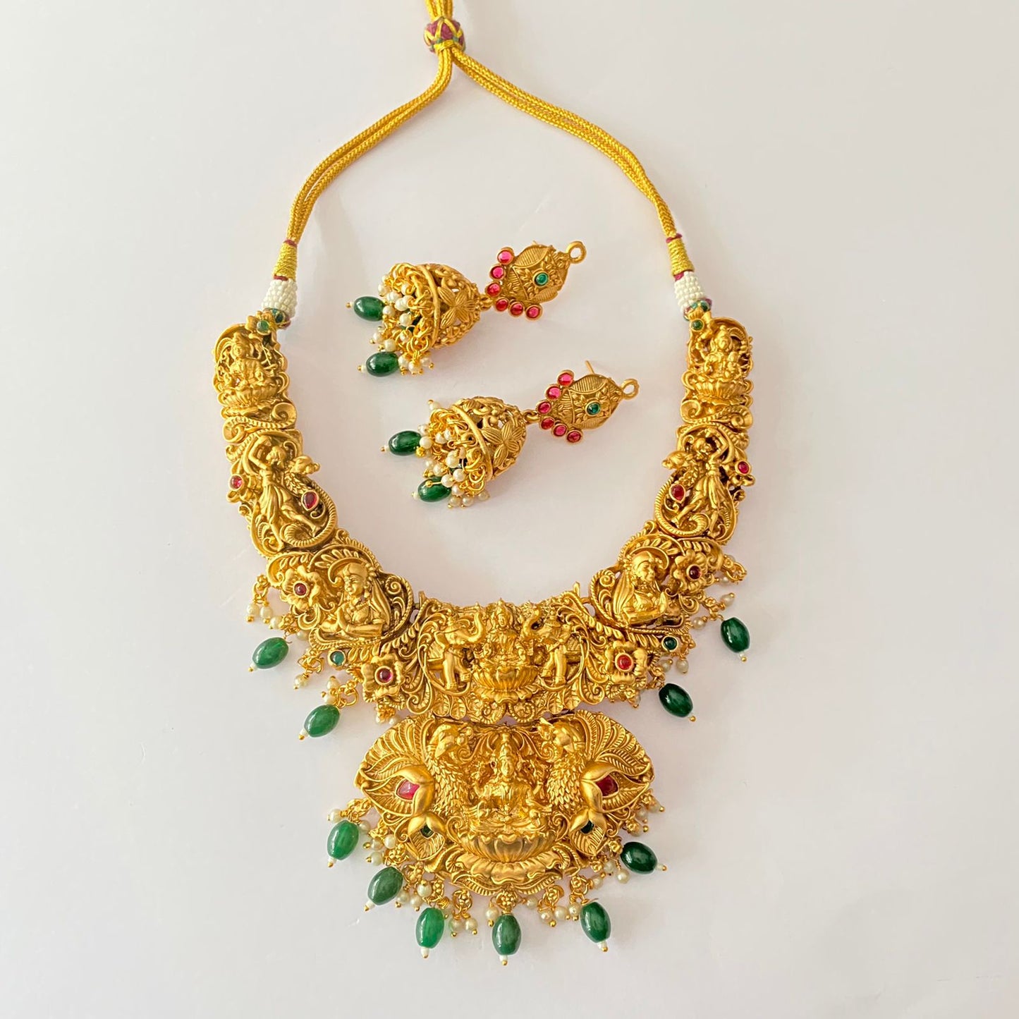 Goddess Lakshmi Gold Plated Emerald Pearl Necklace Set