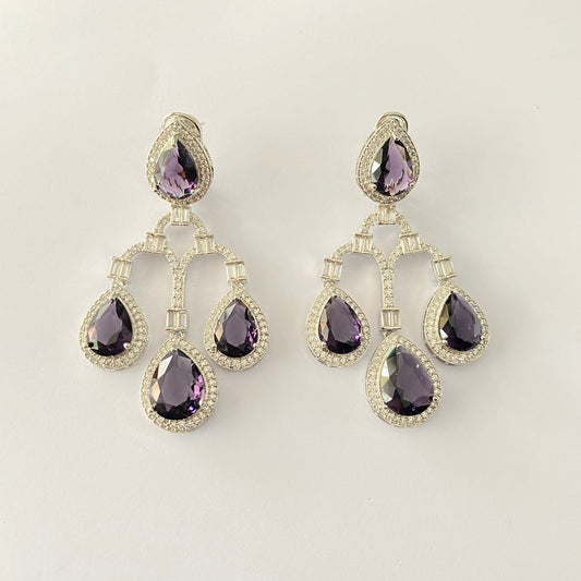 Amethyst Diamond Silver Plated With Back Clip Earring