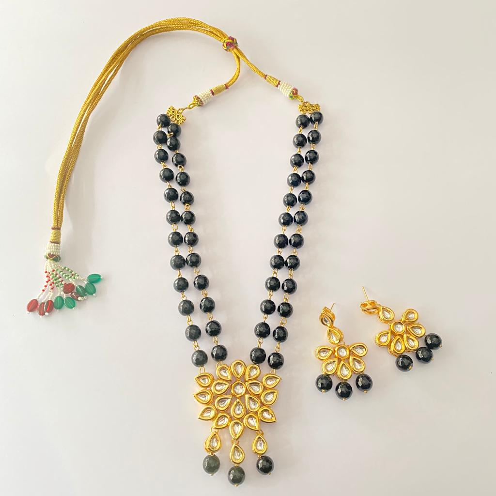 Kundan Polki Gold plated With Black Pearl Necklace Set