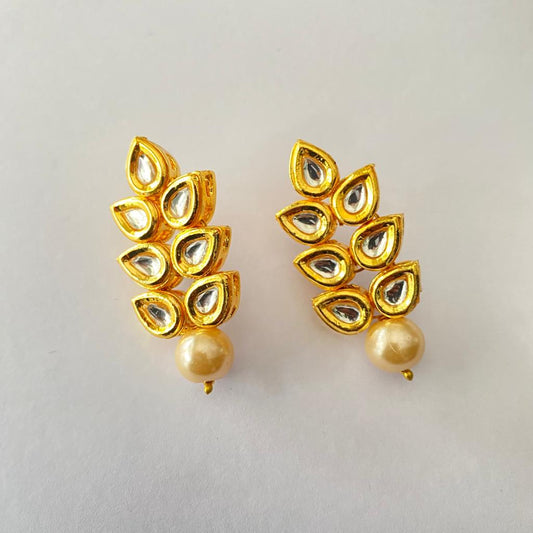 Gold Plated Kundan Leaves with Off white pearl Earring
