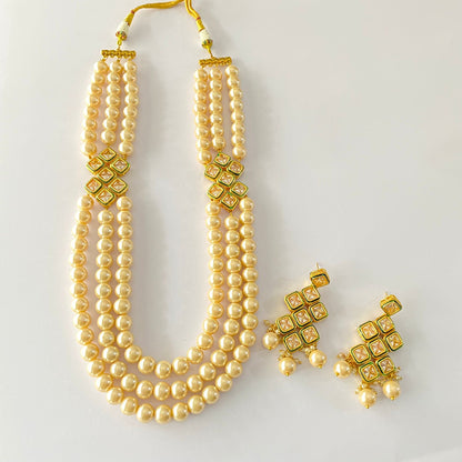 Pearl Kundan Three Strand Necklace Set