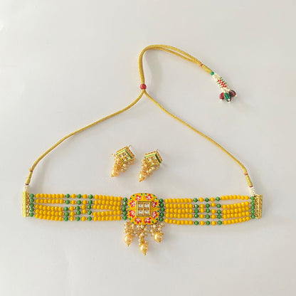 Yellow Polki Choker Necklace Set