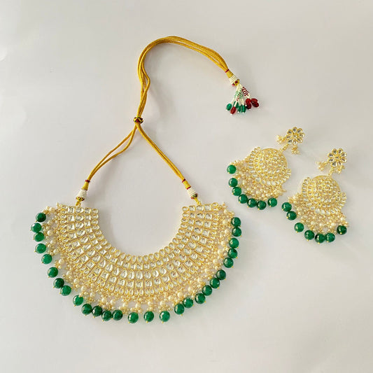 White Kundan Emerald Pearl Necklace Set