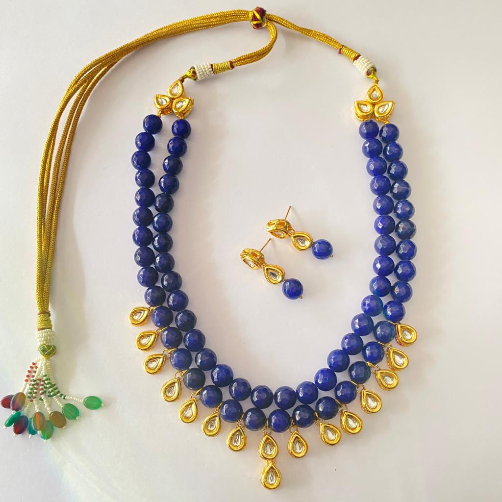 Kundan Blue Stone Double String Necklace Set