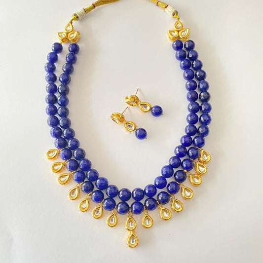 Kundan Blue Stone Double String Necklace Set