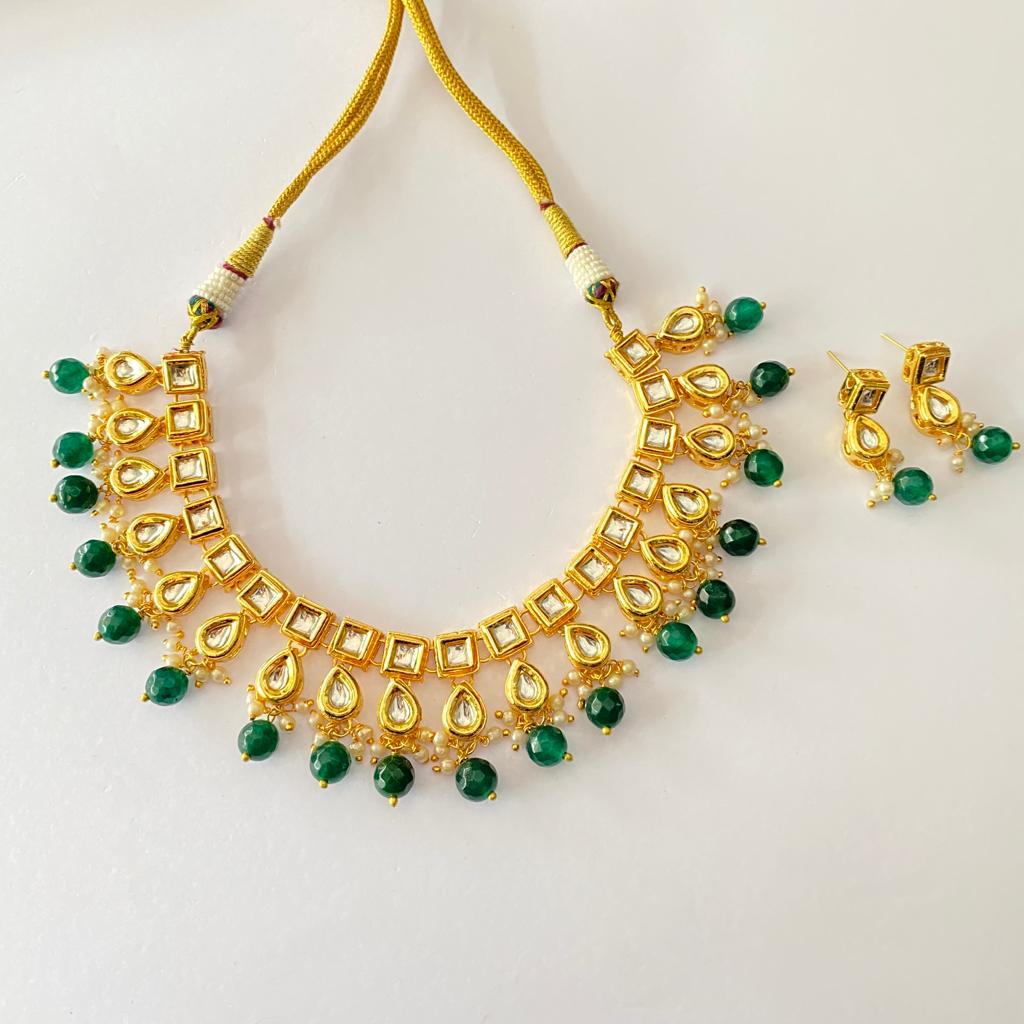 Emerald Kundan Gold Plated with small pearl Necklace Set