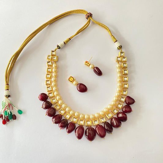 Kundan Off White Pearl With Garnet stone Necklace Set