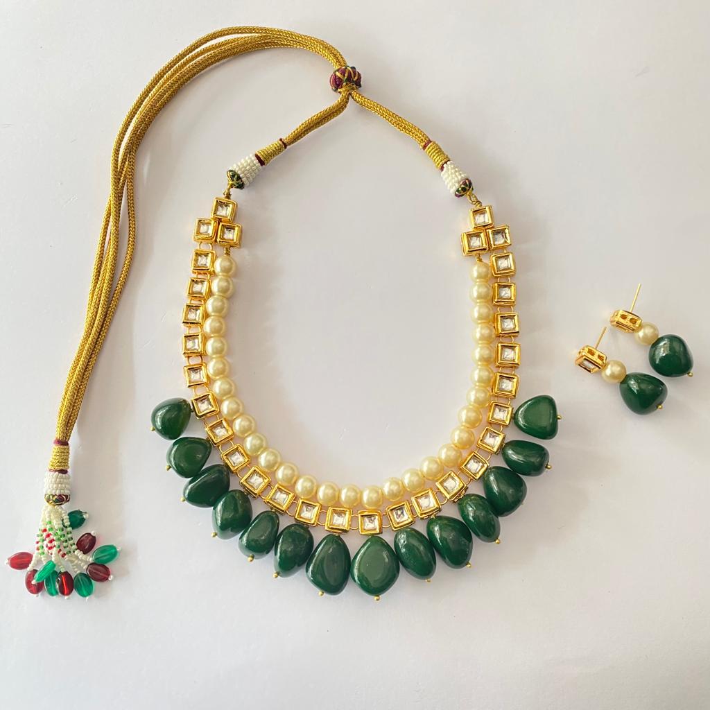 Emerald Pearl With Kundan Necklace Set