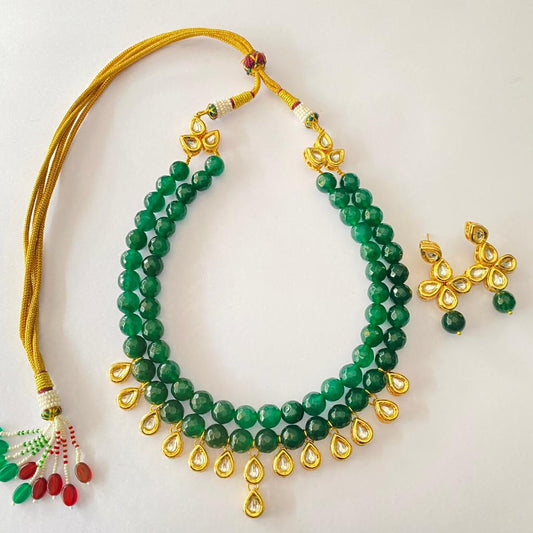 Kundan Emerald Double string Necklace Set