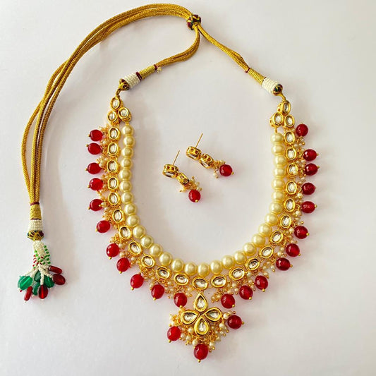Ruby Off white Pearl Gold Plated Necklace set