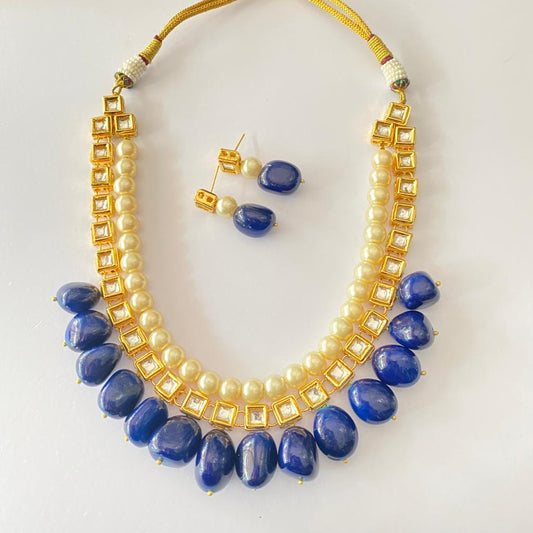 Blue With Pearl kundan Necklace Set