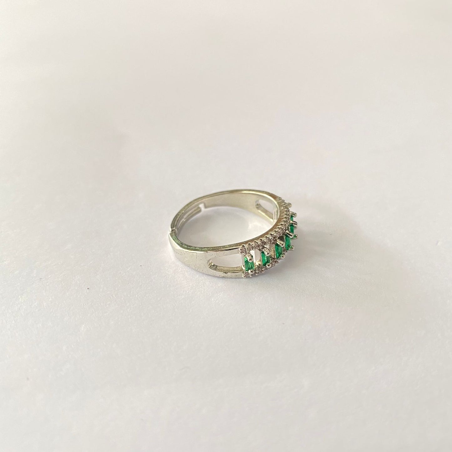 Silver Plated Emerald Diamond Band Ring