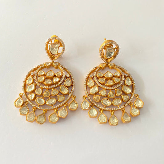 Gold Plated Diamond Polki Chand Bali Earring With Back Clip