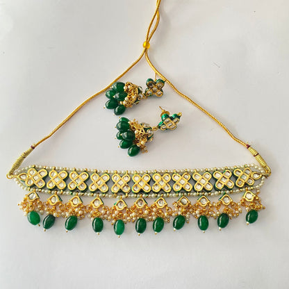 Gold Plated Emerald Pearl Choker Necklace Set