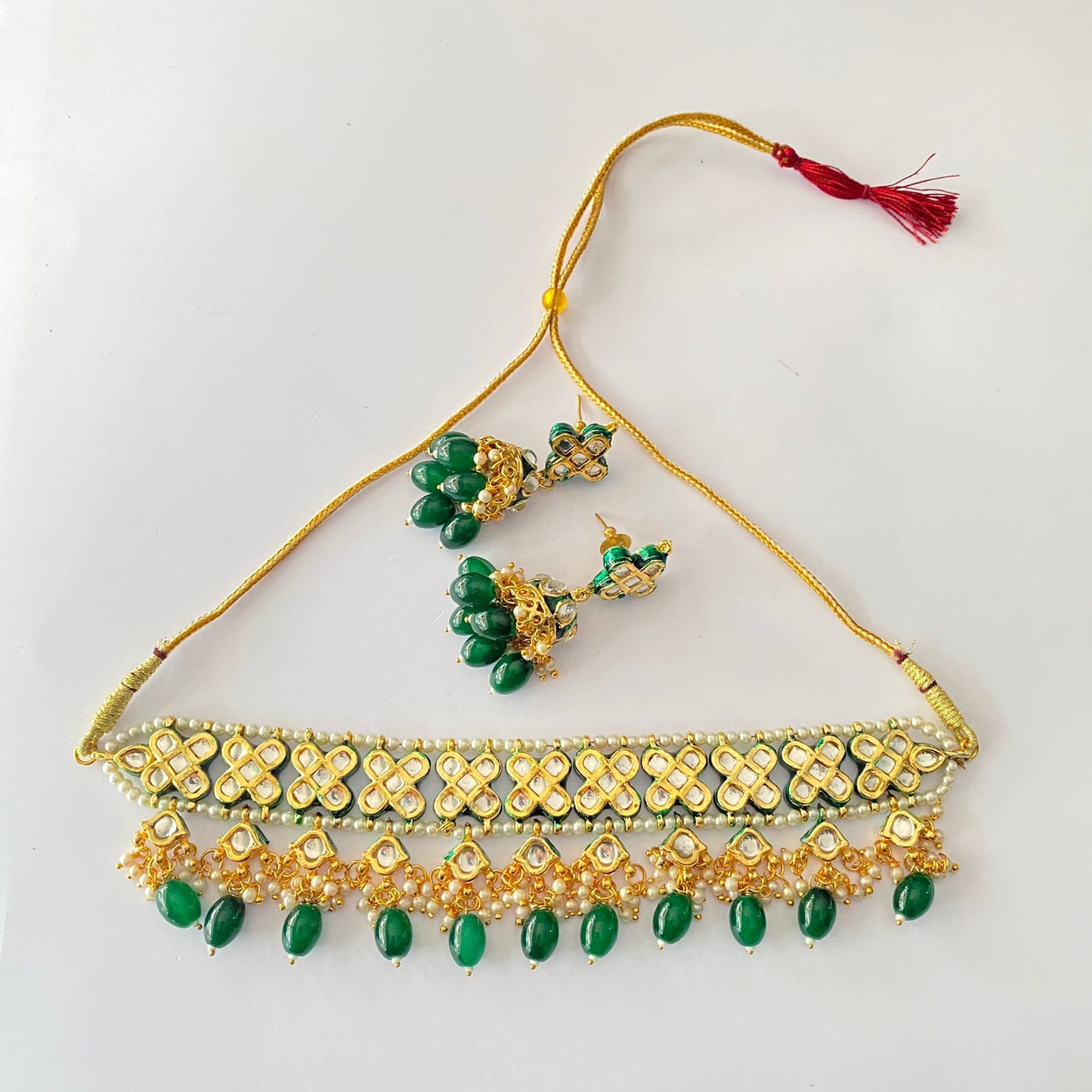 Gold Plated Emerald Pearl Choker Necklace Set