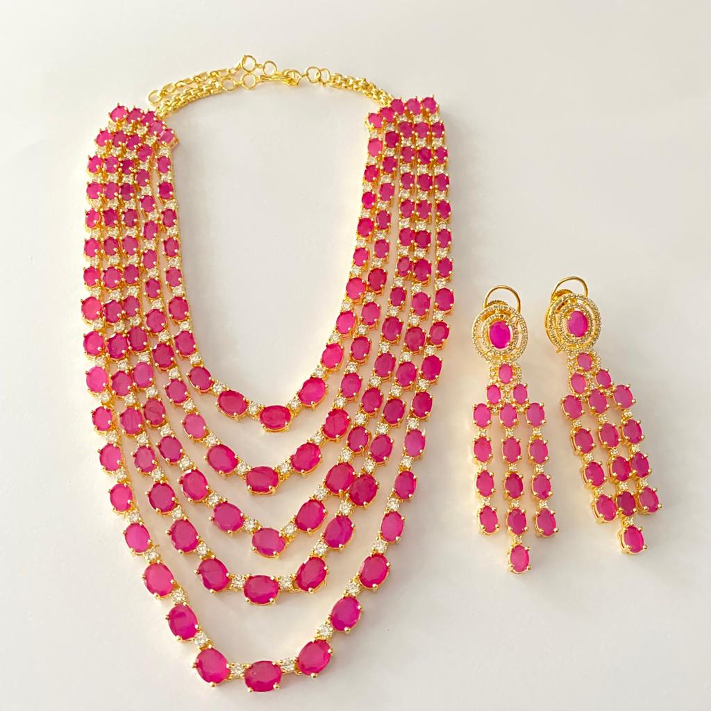 Diamond Pink Multi Layer Necklace Set